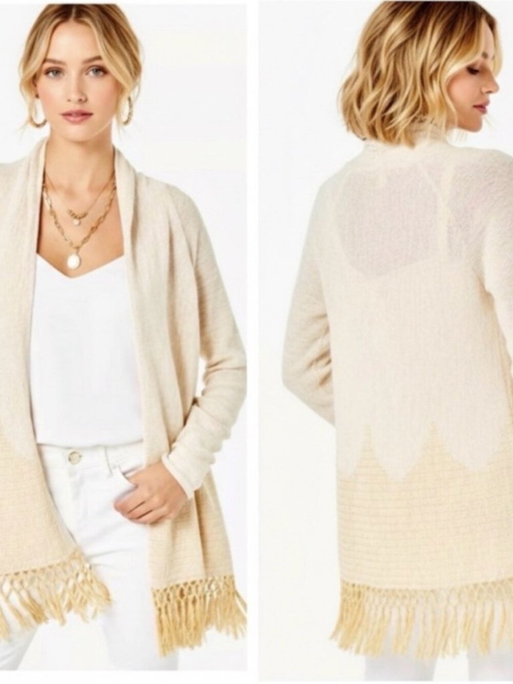 Lilly Pulitzer Cream Open-Front Fringe Cardigan Size M